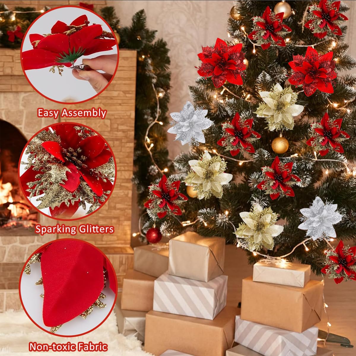 HASTHIP Christmas Poinsettia Flowers for Tree and Home Decor 12 pcs featuring 4 designs | 5.5 in ornaments in red and gold