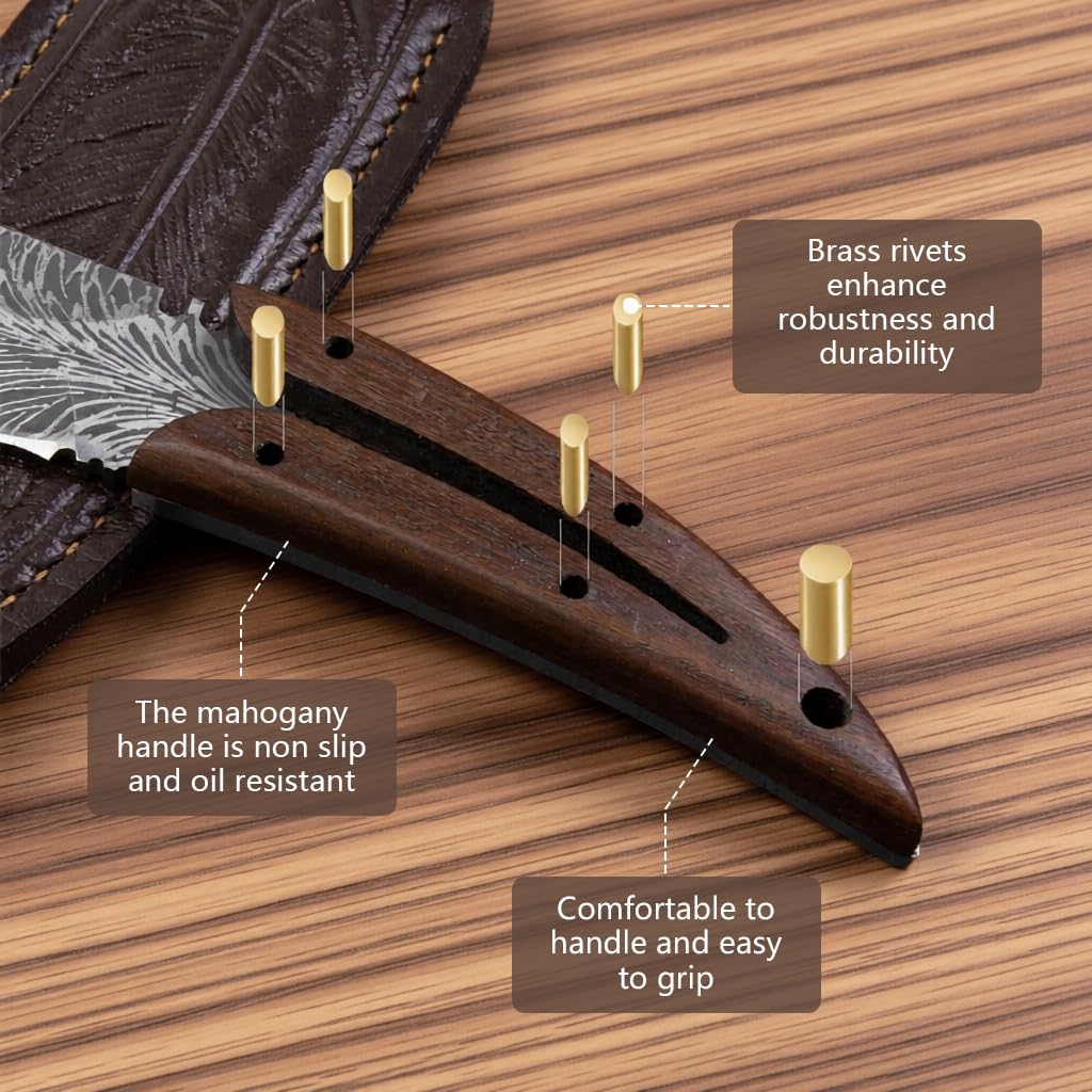 HASTHIP® Feather Kitchen Knife for Meat Cutting, Peeling, Slicing & Boning, High Carbon Steel Full Tang Blade Rosewood Handle with Leather Sheath, Professional Cooking & Outdoor Knife 7.8''-Multicolor