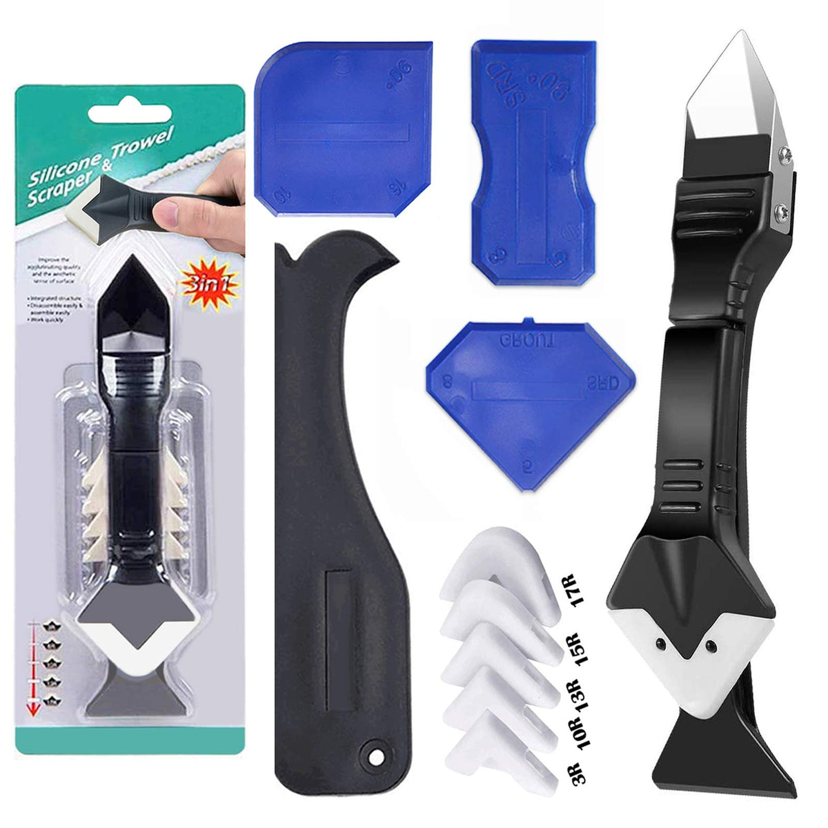 HASTHIP® Juego de 11 Herramientas de Calafateo 3 en 1,Cabeza Acero Inoxidable con 5 Almohadillas Silicona Reemplazables,Removedor y Aplicador Sellador para Cocina Baño Ventanas y