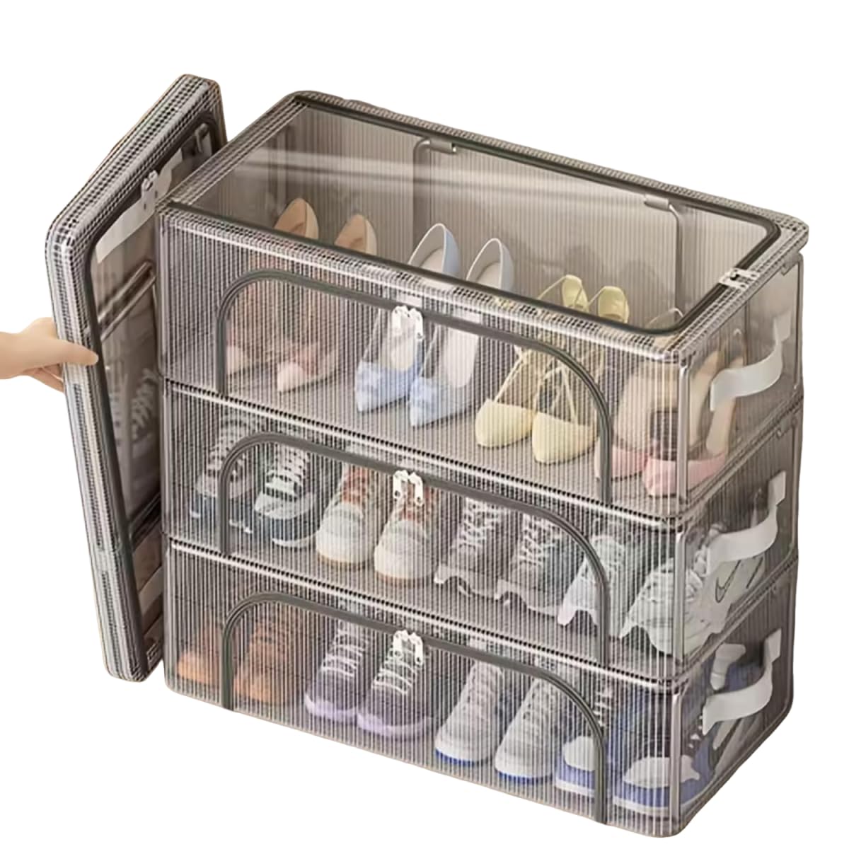 HASTHIP® 3PCS Under Bed Shoe Storage Box Organizer with Zip-up Cover,Stackable Foldable Shoe Container for Closet Space Saving,Clear Window Drawer for Sneakers Heels Boots