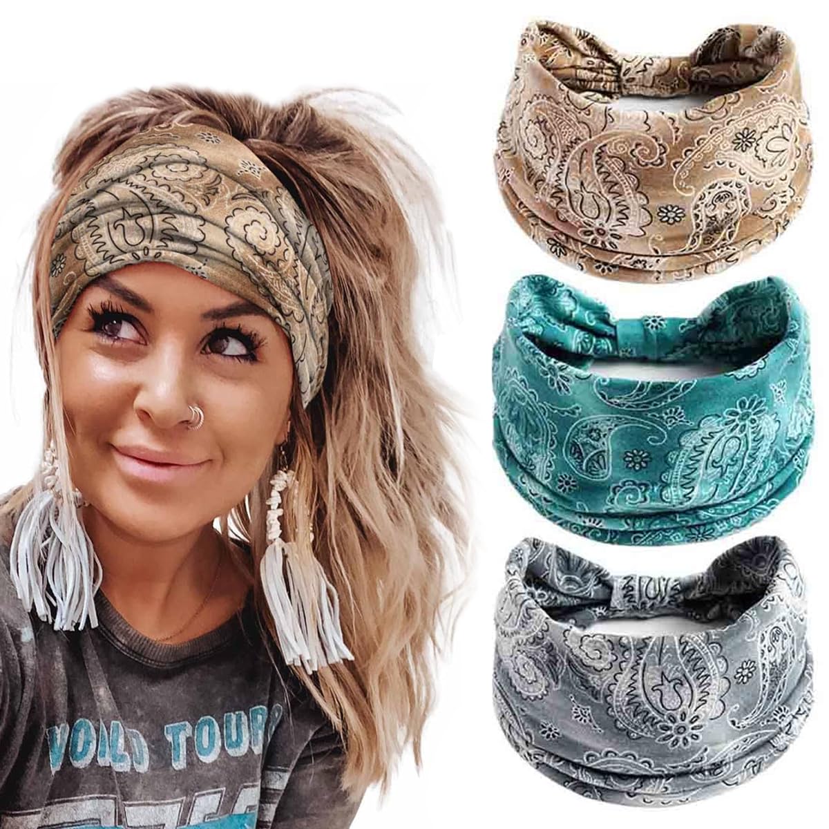 HASTHIP® 3 Piezas Cintas para el Pelo Mujer, Diadema Elástica Retro Bohemia, Bandas de Pelo Estirables con Estampado Multicolor, Accesorios de Moda para Cabello y Deporte
