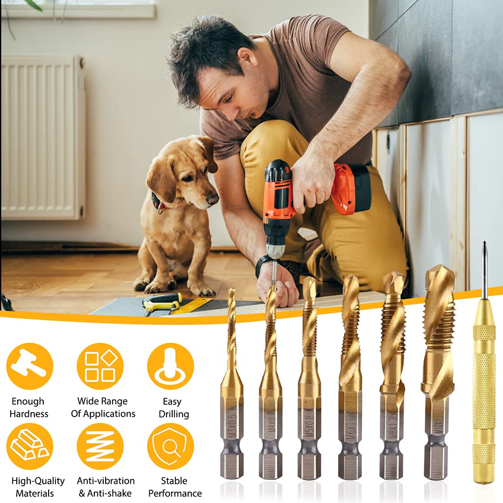 HASTHIP Drill Tap Bit Set for Metal | 7 Pcs M3-M10 with 1/4 in Hex Shank and HSS 4341