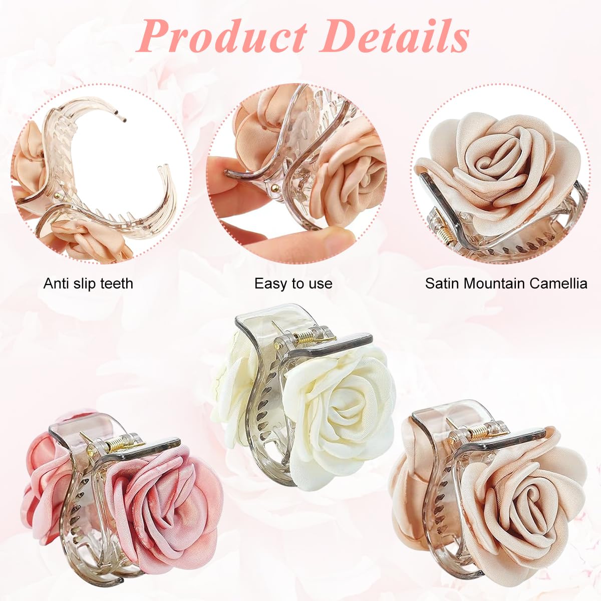 HASTHIP® 3 Piezas Clips de Garra con Flor de Rosa,Pinzas Pelo Acrílicas con Resorte Fuerte,Accesorios Elegantes para Mujeres y Niñas Estilo Medio Recogido Ligero y Duradero