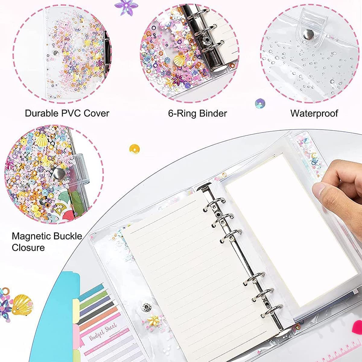 HASTHIP File Folder Ring Binder Notebook Set for Office and School with 6 Rings and 8 PVC Envelopes | A6 PVC Cover and Card Holder Organizer Supplies