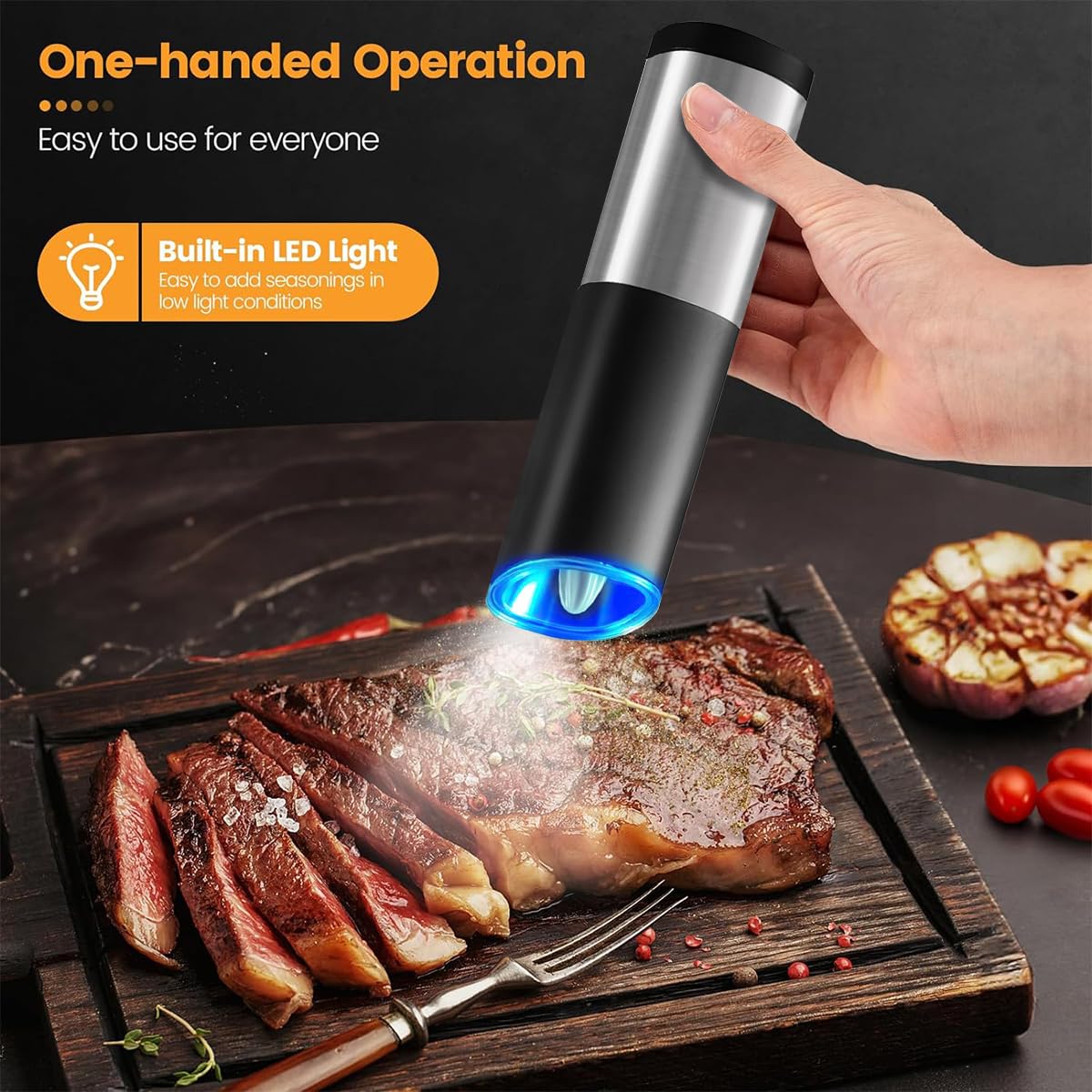 HASTHIP® Gravity Electric Pepper Crusher with LED Ceramics Grinding Core, Electric Salt and Pepper Grinder, Adjustable Coarseness, Battery Operated, Kitchen Spice Mill Essential for Modern Cooking