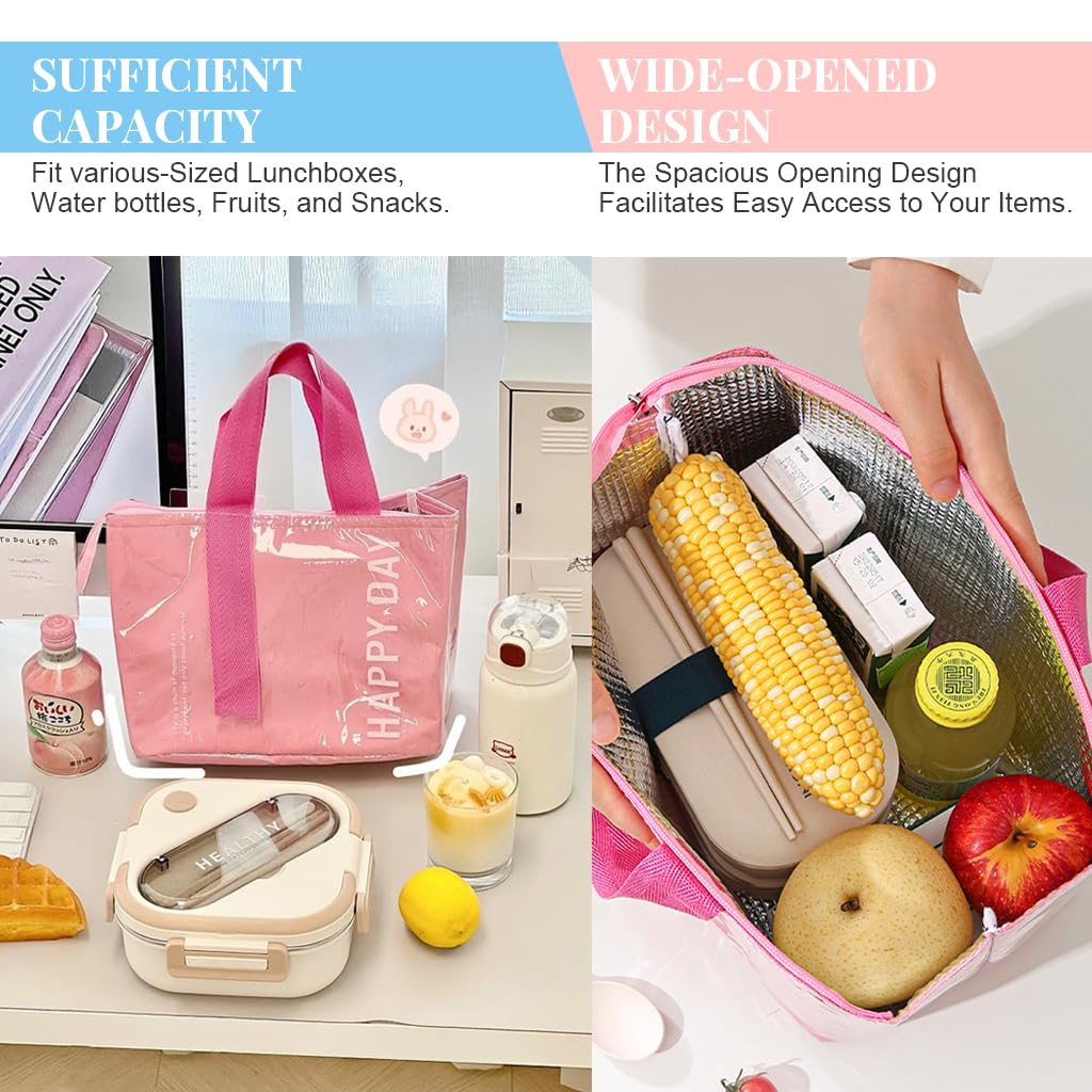 HASTHIP® Pink Thermal Lunch Bag Large Thermal Lunch Box Zipper Hand Bag Waterproof Insulated Liner Fashion Lunch Bag Insulated Lunch Bag Bento Box Bag for School, Office, 26.5x17.20cm