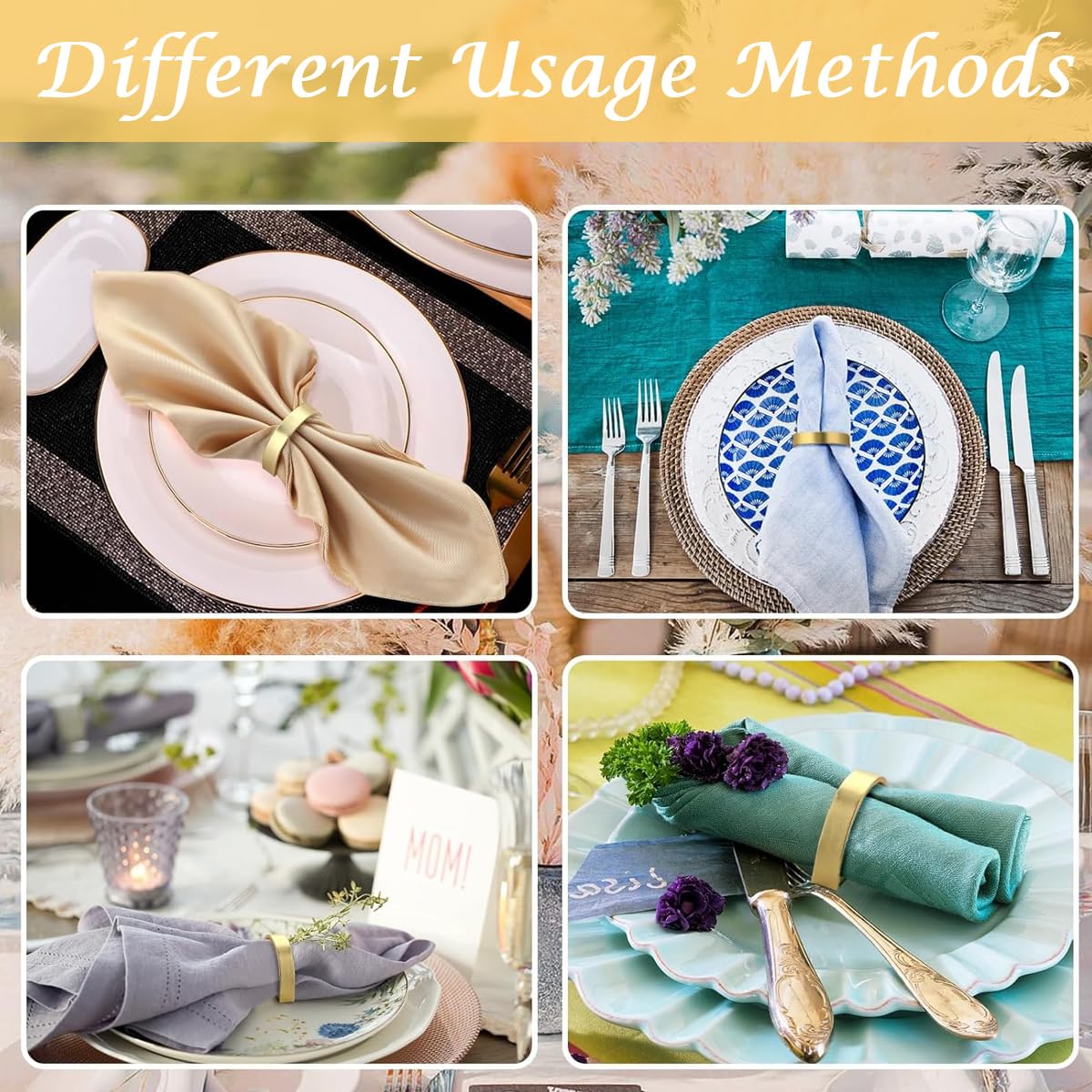HASTHIP Napkin Rings for Dining Table featuring Golden Semicircle Design and 24PCS Set