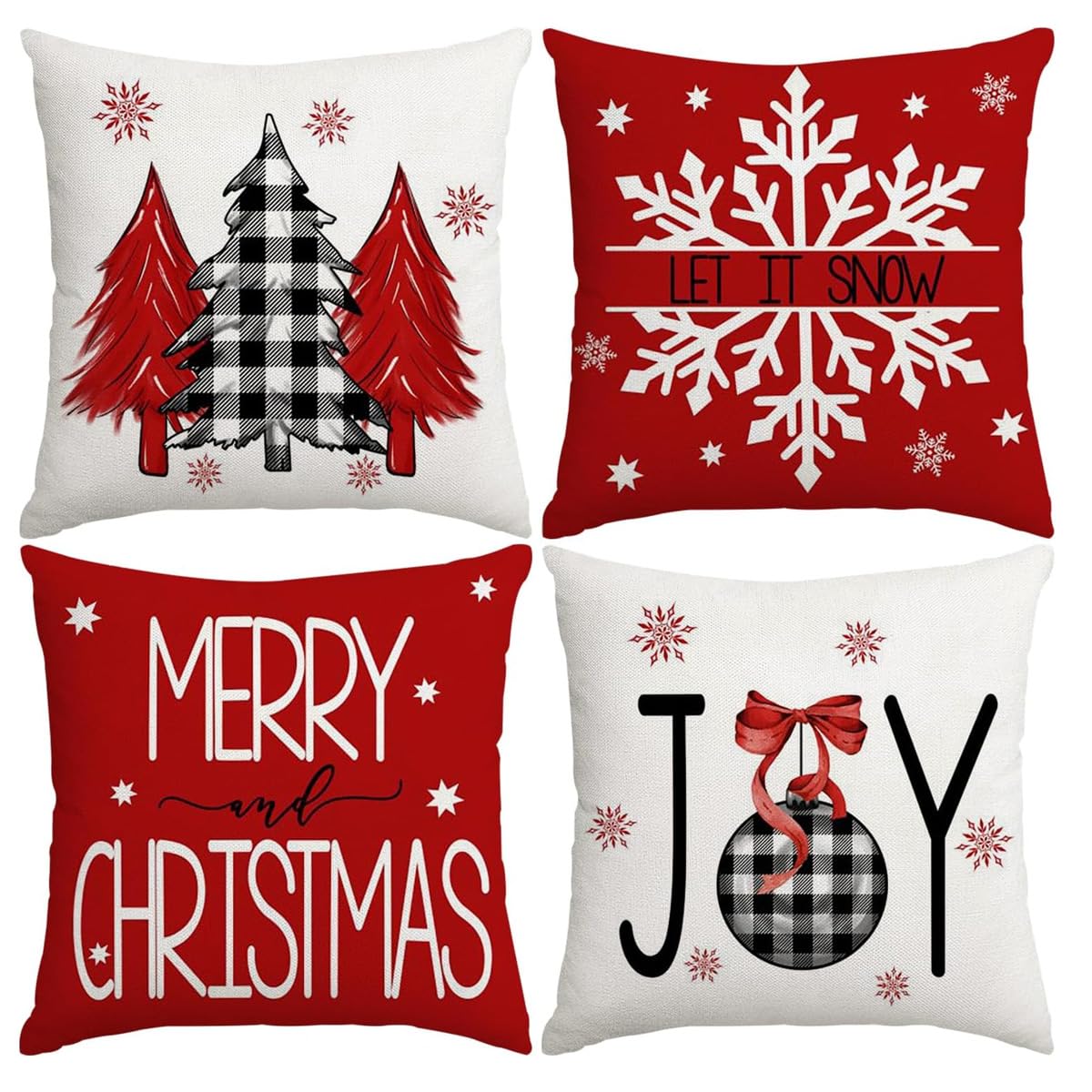 HASTHIP® 4Pcs Christmas Square Pillow Covers 15.7 inches SquareLinen Printed Pillow Cover Classic Christmas Sofa Pillow Covers SquarePillow Covers for Christmas