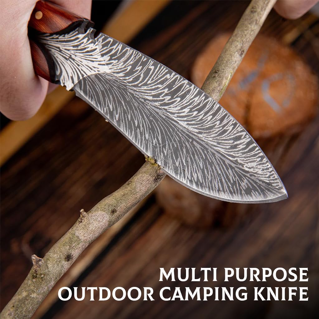 HASTHIP® Feather Kitchen Knife for Meat Cutting, Peeling, Slicing & Boning, High Carbon Steel Full Tang Blade Rosewood Handle with Leather Sheath, Professional Cooking & Outdoor Knife 7.8''-Multicolor