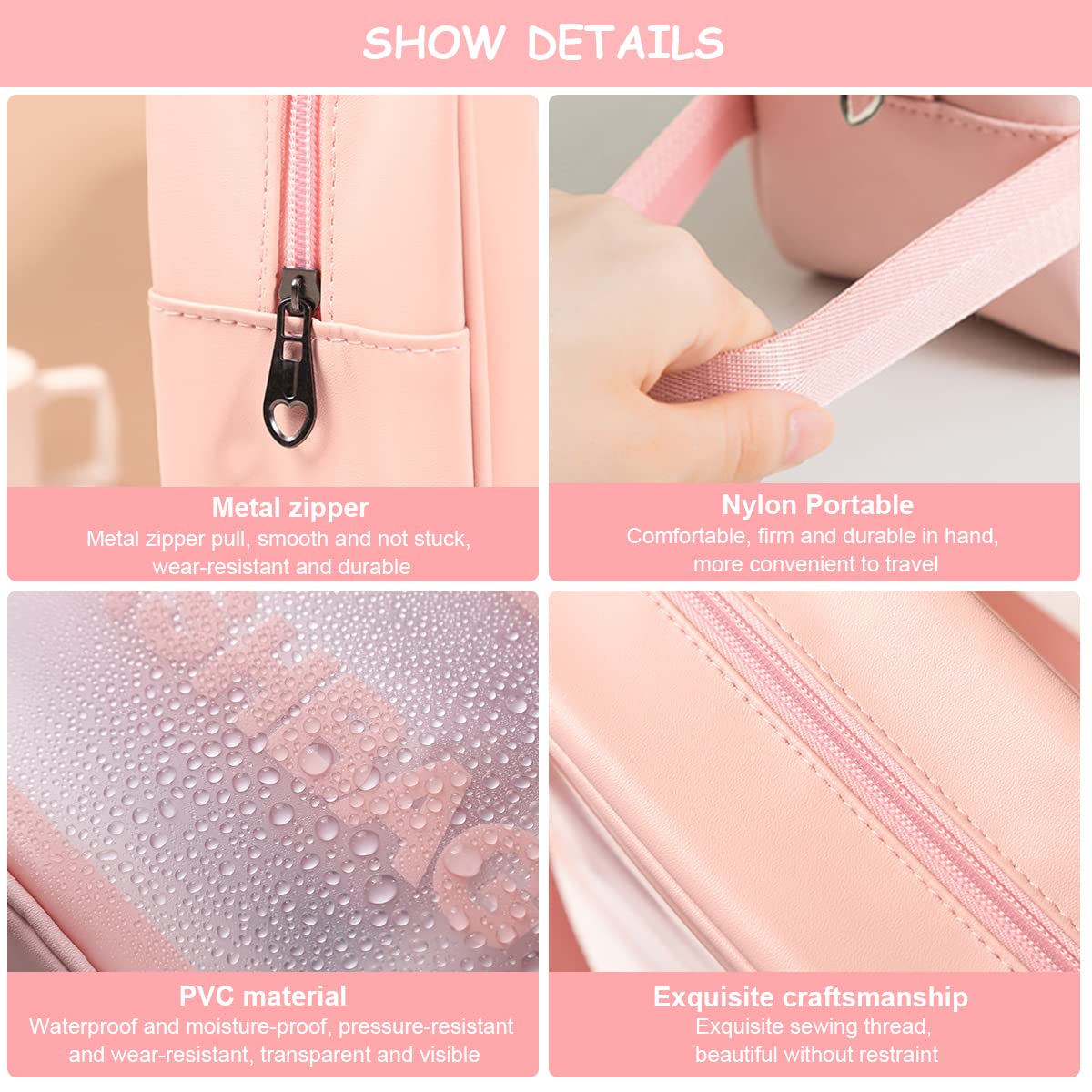 MAYCREATE® 3 Pcs Clear Makeup Pouch Set Cosmetic Organizer Bag for Women and Girls Travel Waterproof Toiletry Storage Kit for Home Travel Use (Pink)