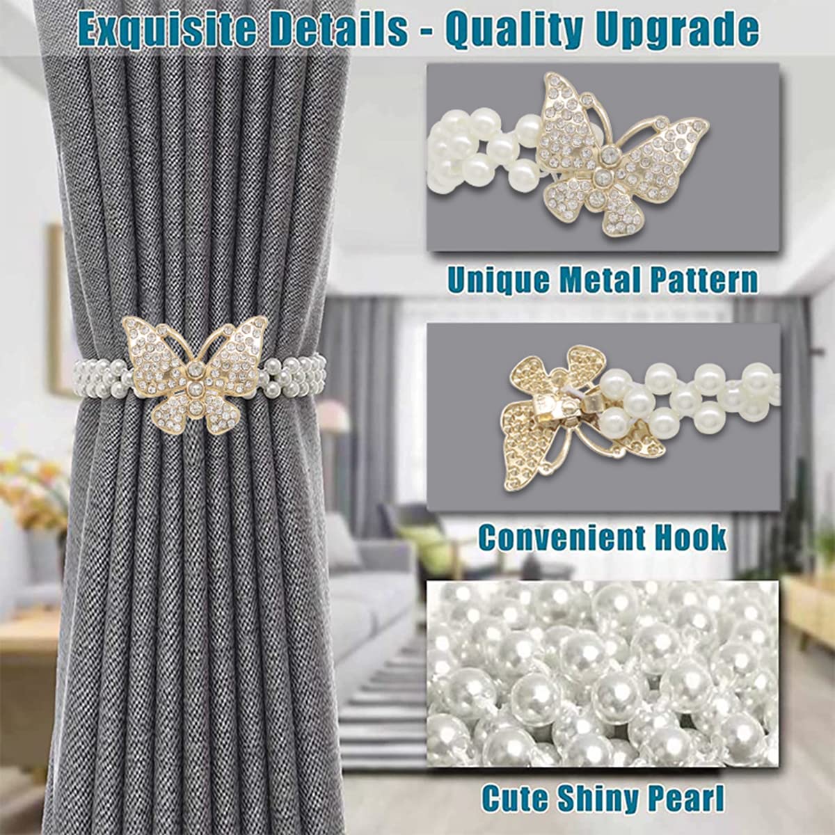 HASTHIP Curtain Tie Backs for Home and Office featuring Adjustable Elastic Rope | 2Pcs Gold Metal Pearl Holders