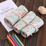 HASTHIP® Canvas Handmade Knitting Pencil Roll Wrap Holder, Large Capacity 48 Slots Pencil Case, Multi-Compartment Portable Canvas Pouch Organizer for School Office Art Supplies, Pink