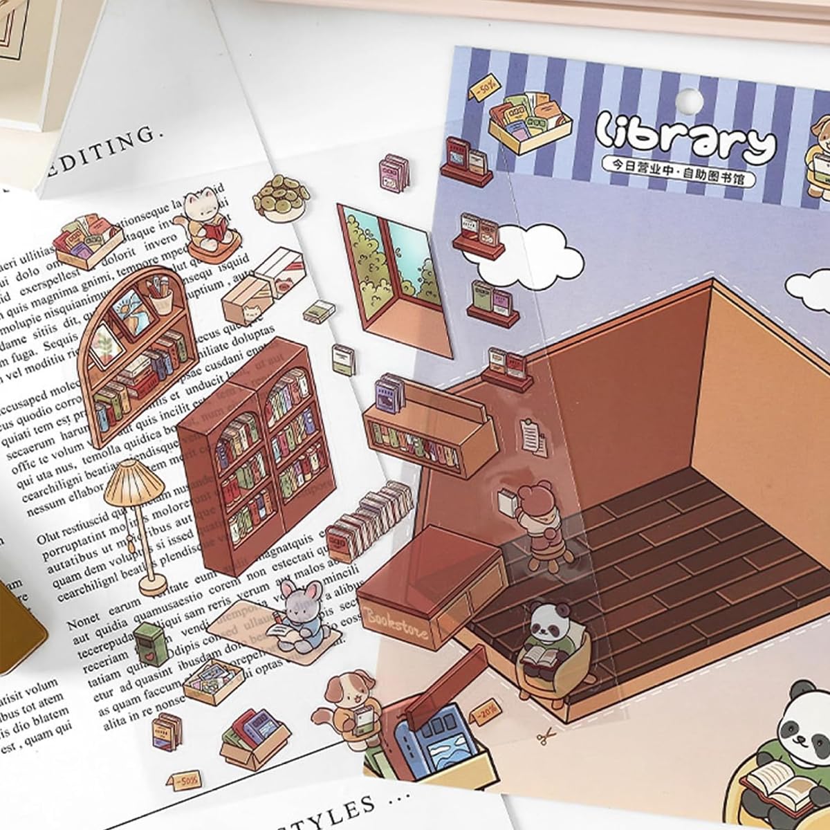 HASTHIP® 4 Sets DIY 3D House Stickers with Tweezer, Cute Cartoon Scene Stickers, Fun DIY Stickers Scene Make Your Own Supermarket Coffee Shop Restaurant Bookstore for Adult Kids Relief Stress