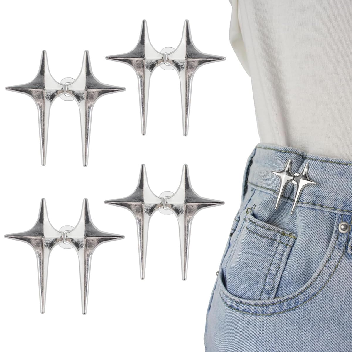 HASTHIP® 4 Juegos de Hebilla Ajustable para Cintura de Pantalones,Botón Instantáneo Jeans Estrella Plateada,Ajustador Desmontable sin Costura para Jeans Falda y Ropa
