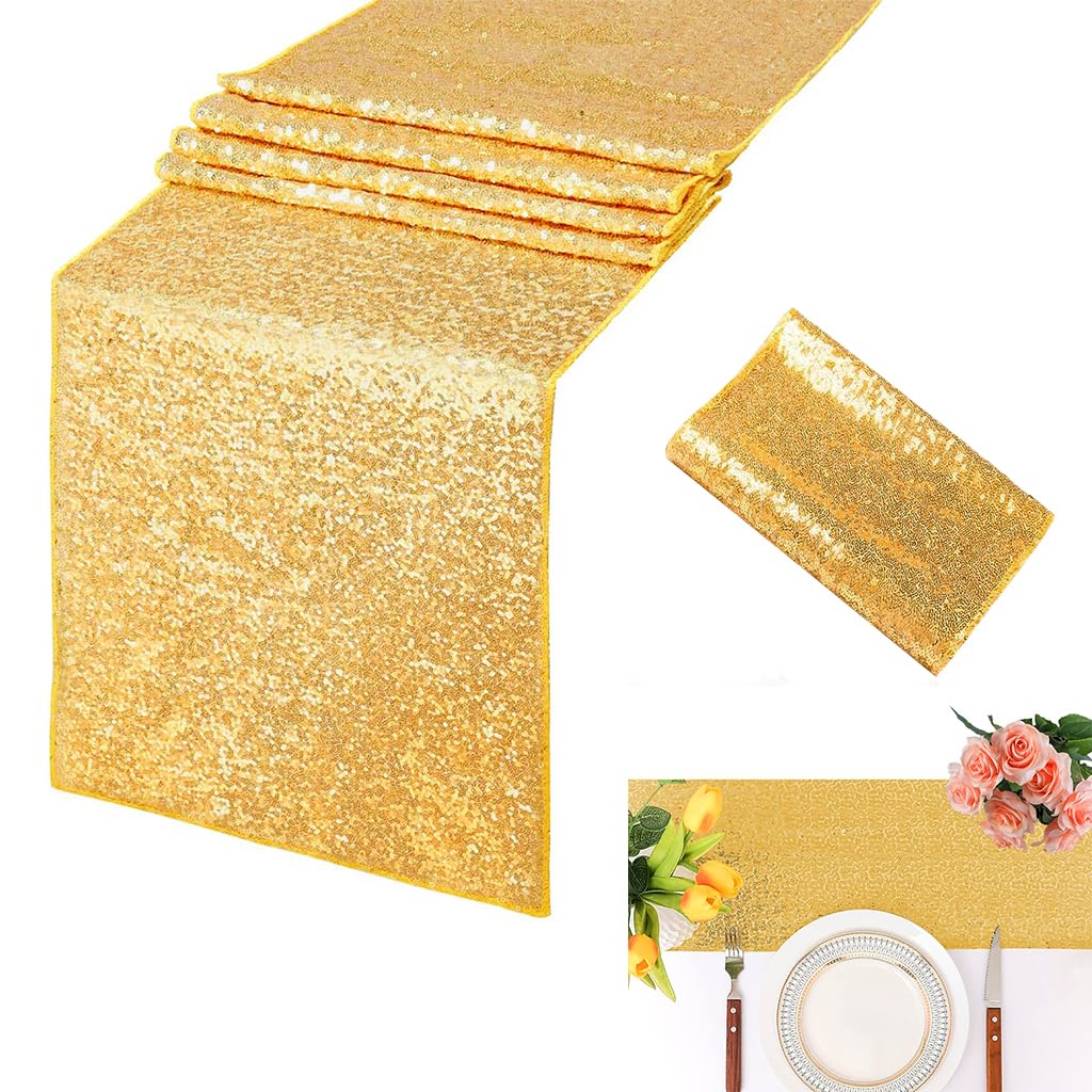 HASTHIP Sequin Table Runner 12 x 71 in for Holiday Celebration with Glitter Gold Design