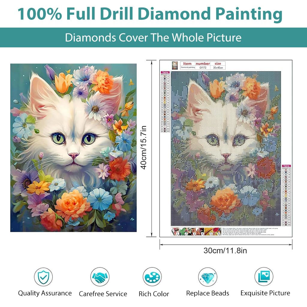 Diamond Painting Kit - 12x16inch White Cat Diamond Painting Kits, 5D Diamond Painting Kit for Adults & Kids, Very Suitable for Home Leisure and Wall Decoration, Gift for Kids and Adults