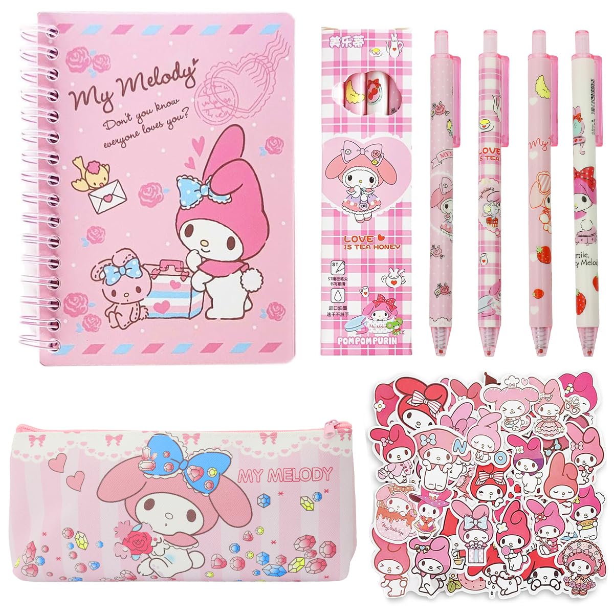 HASTHIP® Me-lody School Supplies Set, Cute Stationery Supplies Set with Notebook, Pencil Pouch, Click Pens, Assorted Me-lody Cartooon Stickers, Girls School Gift Set Birthday Return Gifts