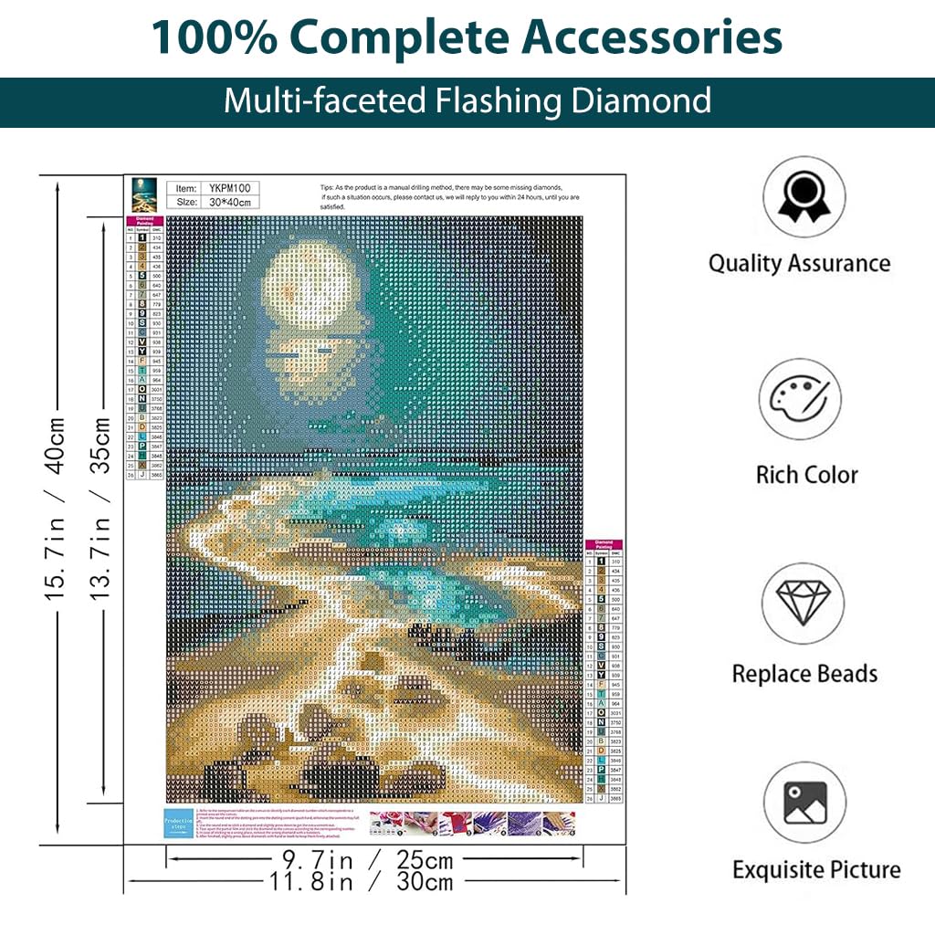 HASTHIP® DIY 5D Diamond Painting Art Kit Dreamy Beach Moonlit Night Diamond Painting Beginner DIY 5D Diamond Painting for Home Decor, No Frame Wall Decor 5D Diamond Painting, 12 x 16 Inch