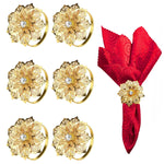HASTHIP Napkin Rings for Dinner Table featuring Flower Rhinestone Design 6 Pcs Gold Set