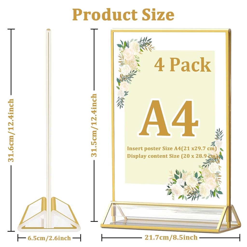 HASTHIP® 4 Pack Acrylic Gold Sign Holder, Double Sided A4 Menu Stand, Clear Vertical Table Display for Restaurant Menus, Office Flyers, Acrylic Photo Frame, Desk Brochure Holder