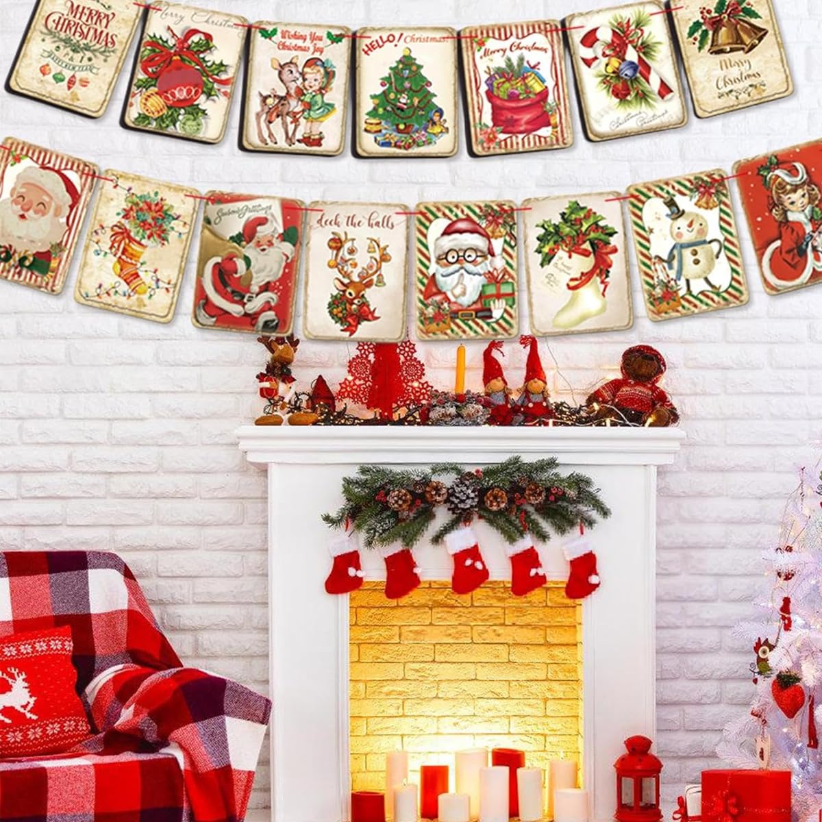 HASTHIP Christmas Wall Hanging Banner for Door and Room with 15pcs 5.5×7.68in Vintage Flags
