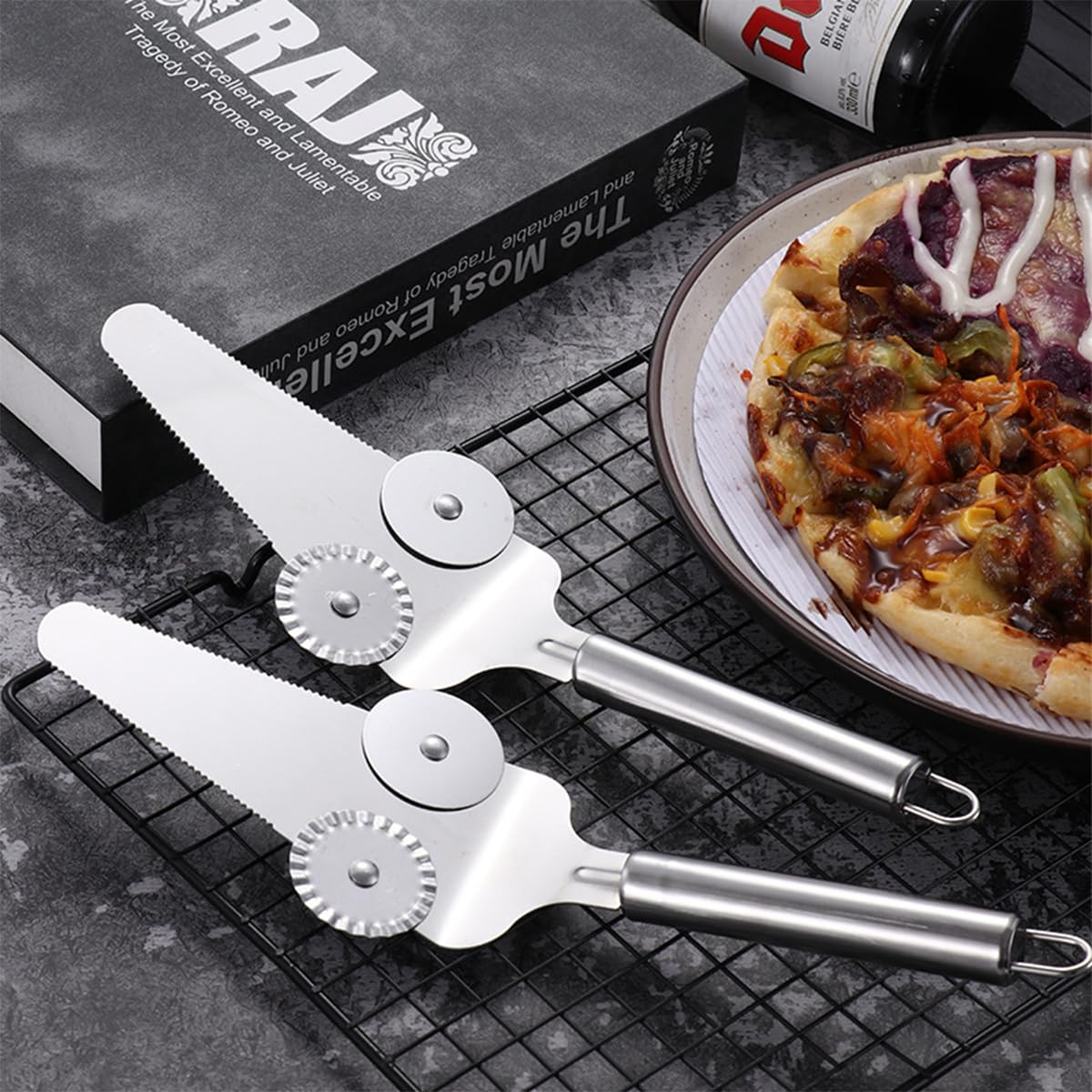 HASTHIP® Pizza Cutter Wheel 2 in 1 Stainless Steel Pizza Shovel, Dual Wheel Design Pizza Cutter Cake Shove, Dishwasher Safe, Perfect for Cakes & Desserts, Dishwasher Safe