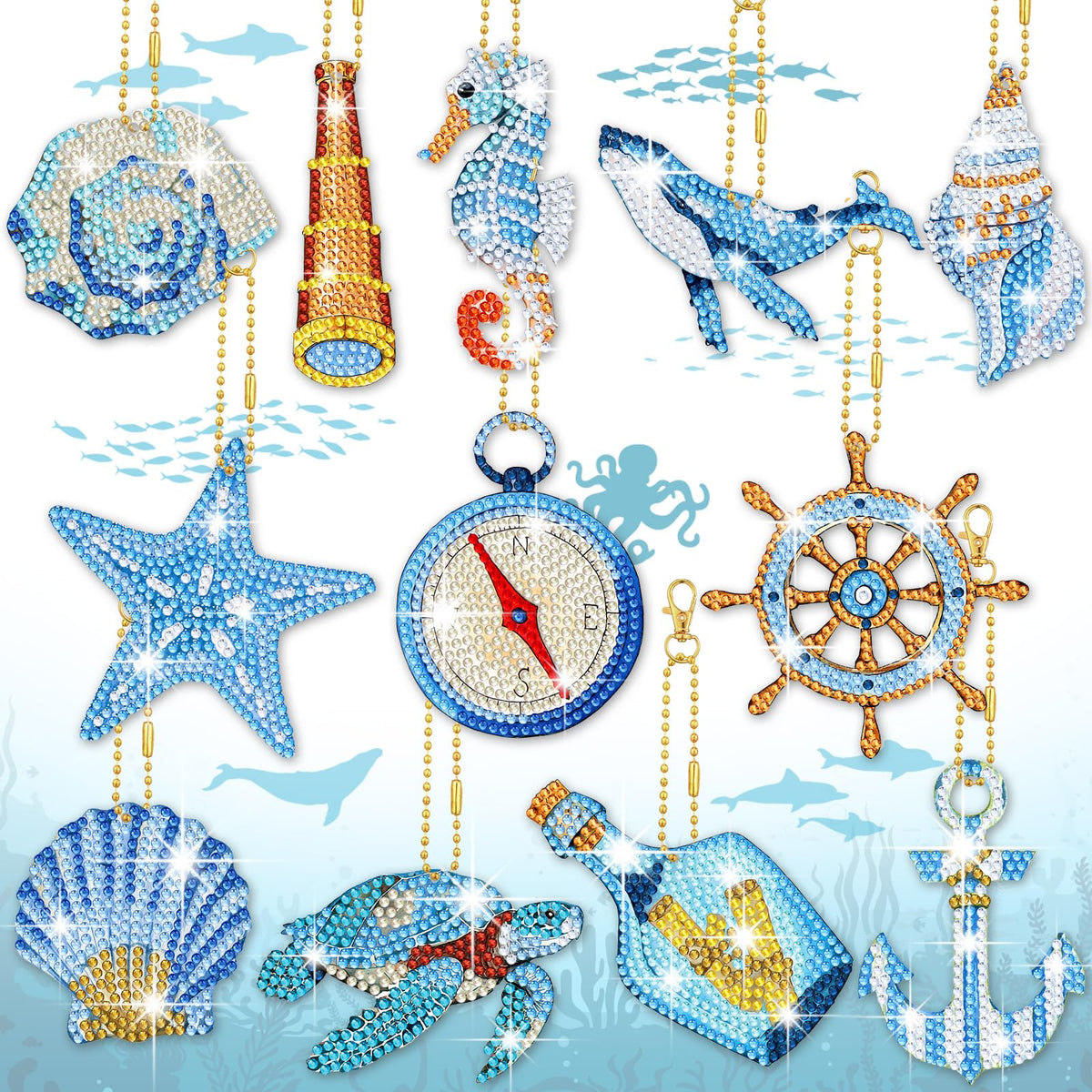 HASTHIP 12-Piece 5D Diamond Painting Keychain Kit with Acrylic Bases and Ocean Designs