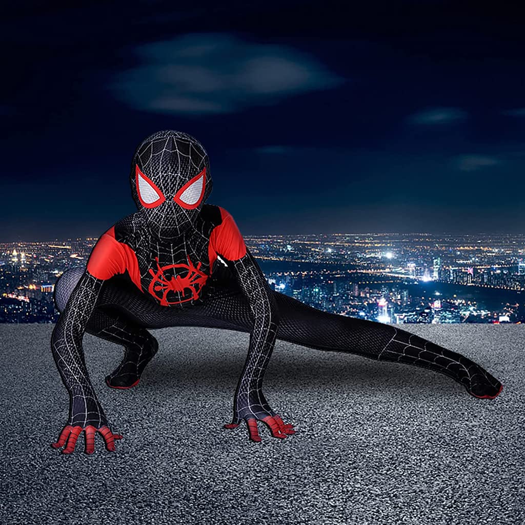 HASTHIP® Kids Spiderman Dress, Miles Morales Spider Man Costume for Kids, Superhero 3D Lenses Black Spider-Man Suit, Silk-Feel Fabric Fancy Jumpsuit & Mask for Boys Gift Halloween Cosplay XXL