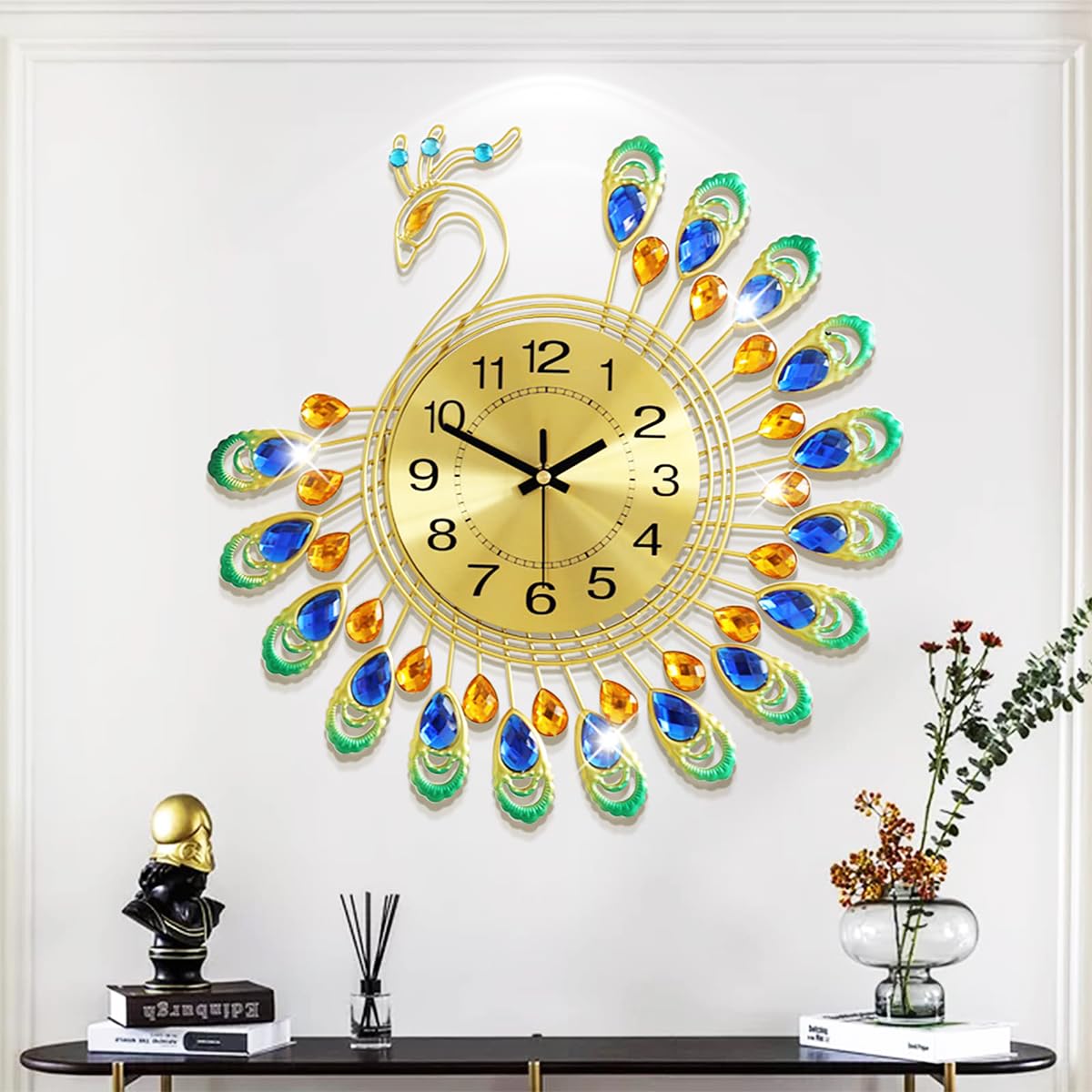 HASTHIP Peacock Metal Wall Clock for Home Décor with Silent Quartz Movement and 15 Inch Design