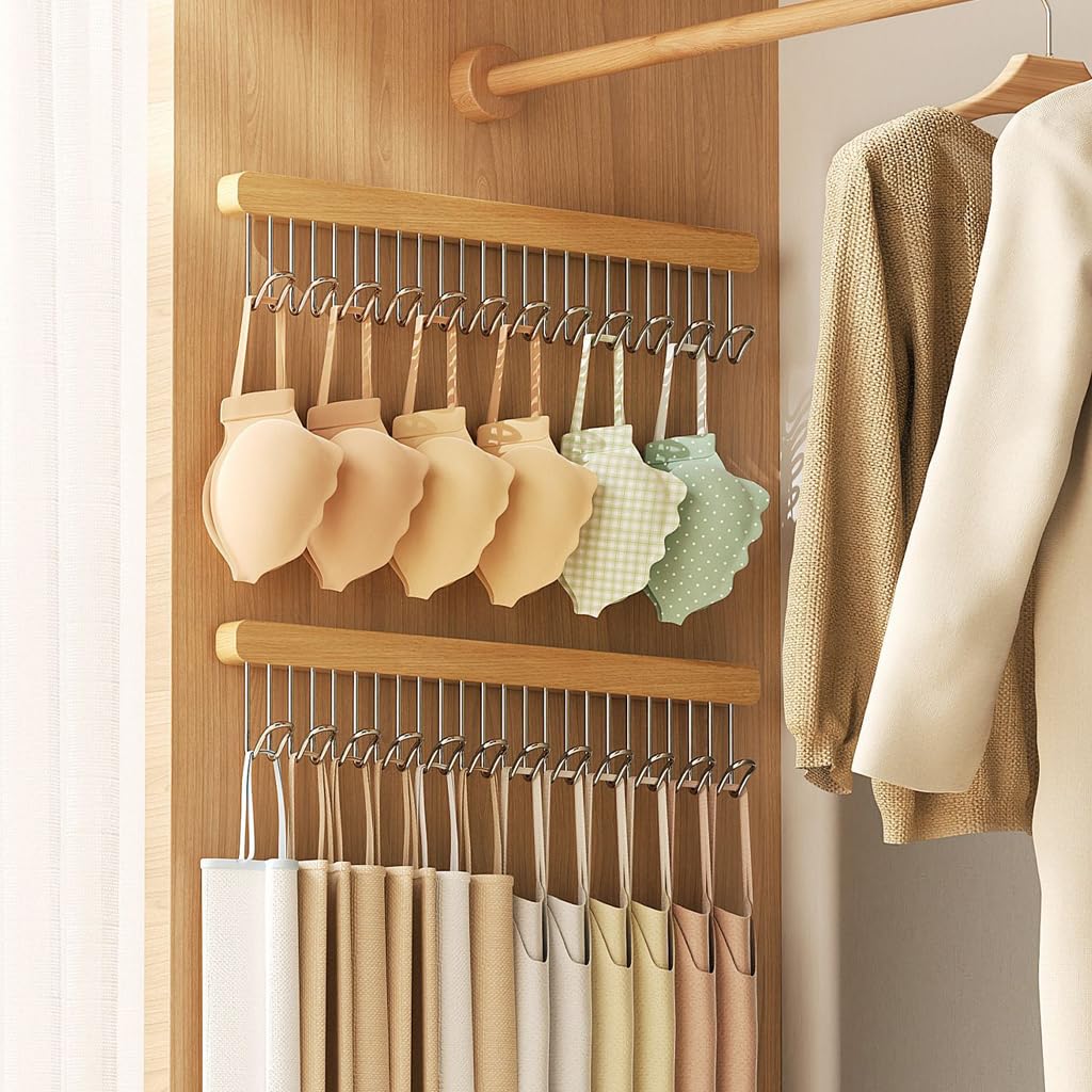 HASTHIP Belt Organiser for Wardrobe with 12 U Shaped Hooks 41x8cm Wooden Pull Out Hanger | 3PCS Set