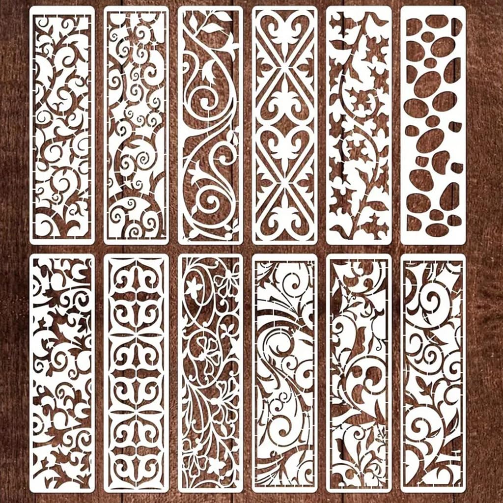 HASTHIP® 12Pcs Painting Stencils for Wooden Crafts Spray Painting Stencils Assorted Aesthetic Decorative Pattern Templets DIY Engraving Crafts Pattern Templets, Cake Decorating Stencils, 28x7.6cm