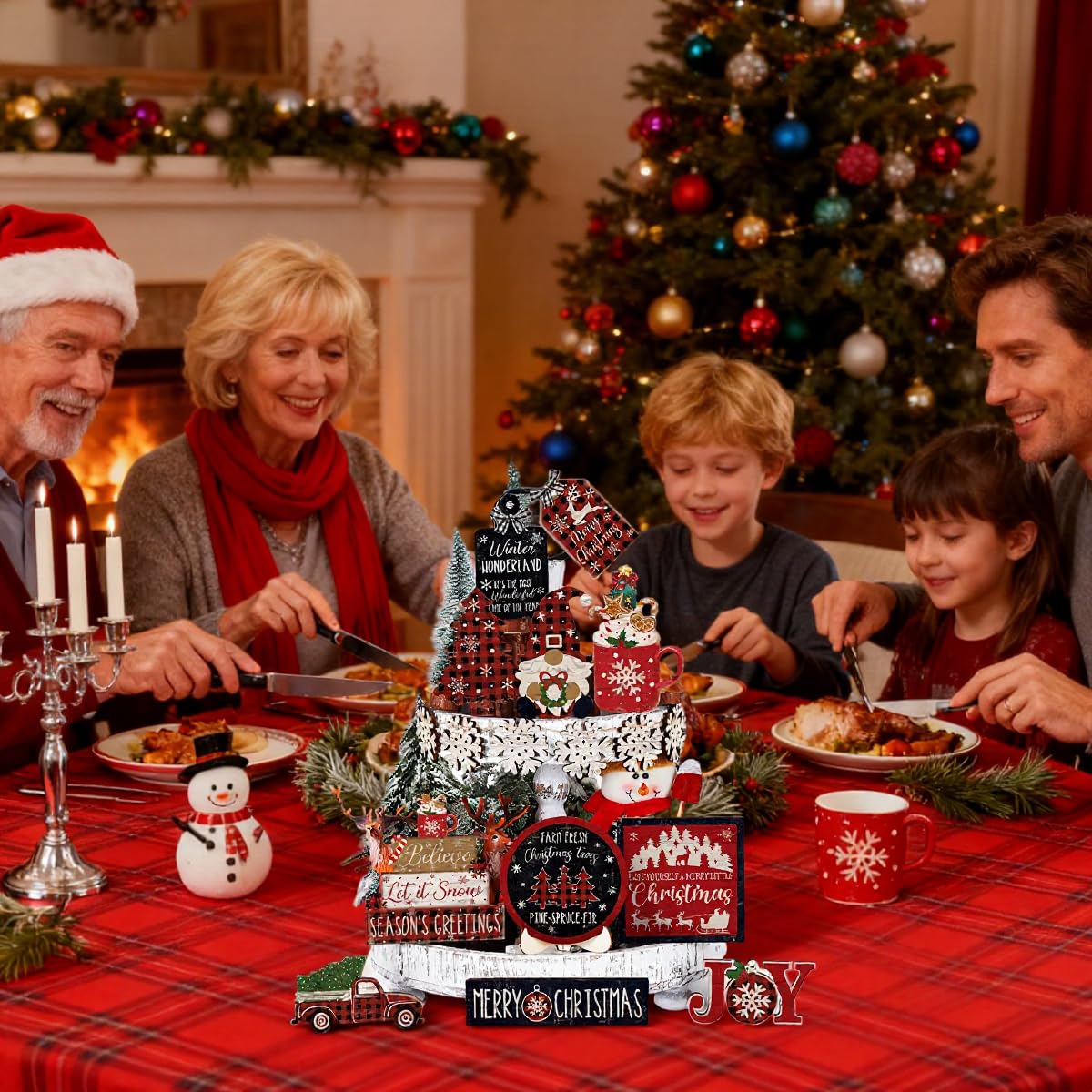 HASTHIP Christmas Decorations Set for Tiered Trays with 17 Wooden Pieces | DIY Holiday Decor