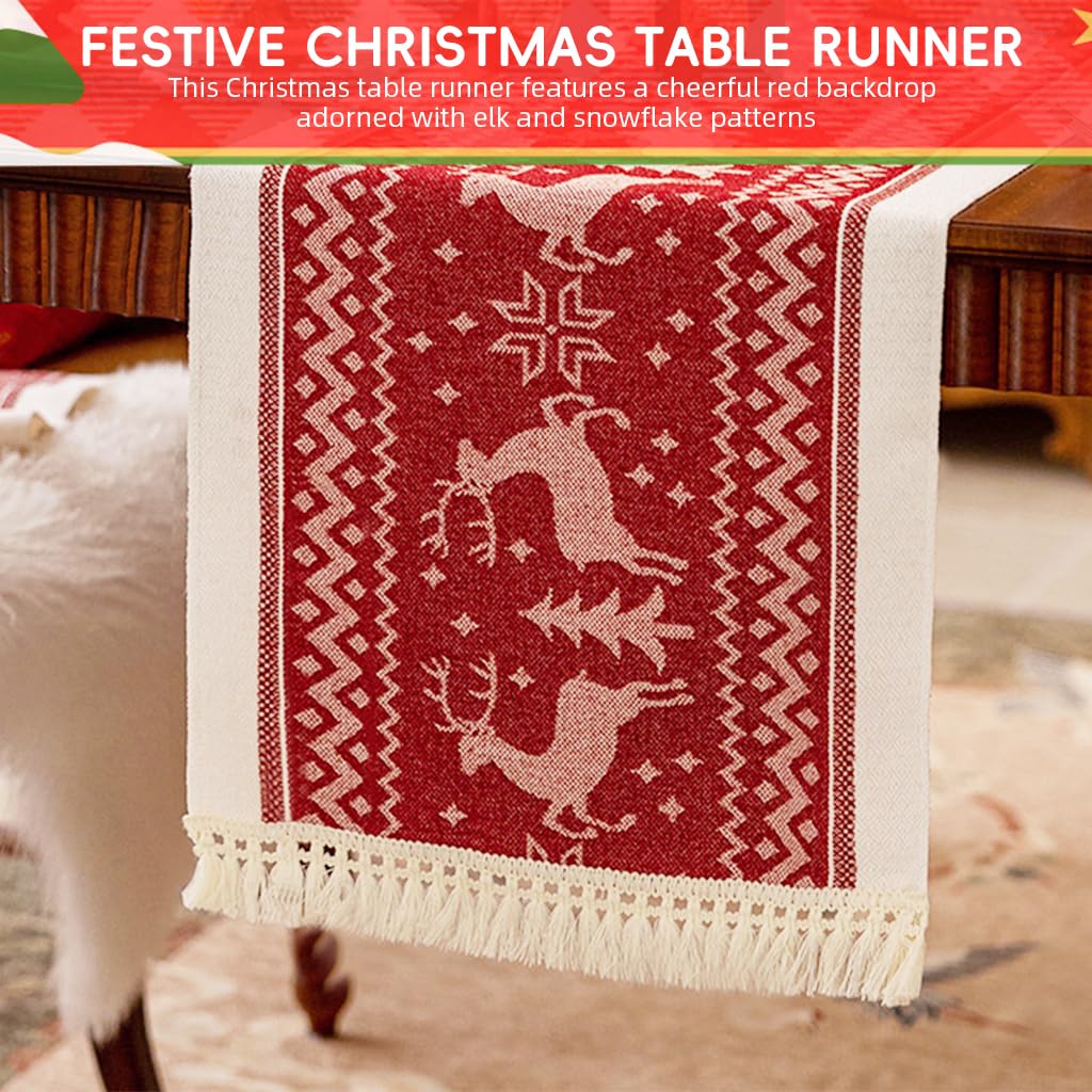 HASTHIP Christmas Table Runner for Holiday Dining with Tassel Edges 13.7x70.8 in Cotton Linen | Festive Red Elk and Snowflake Design