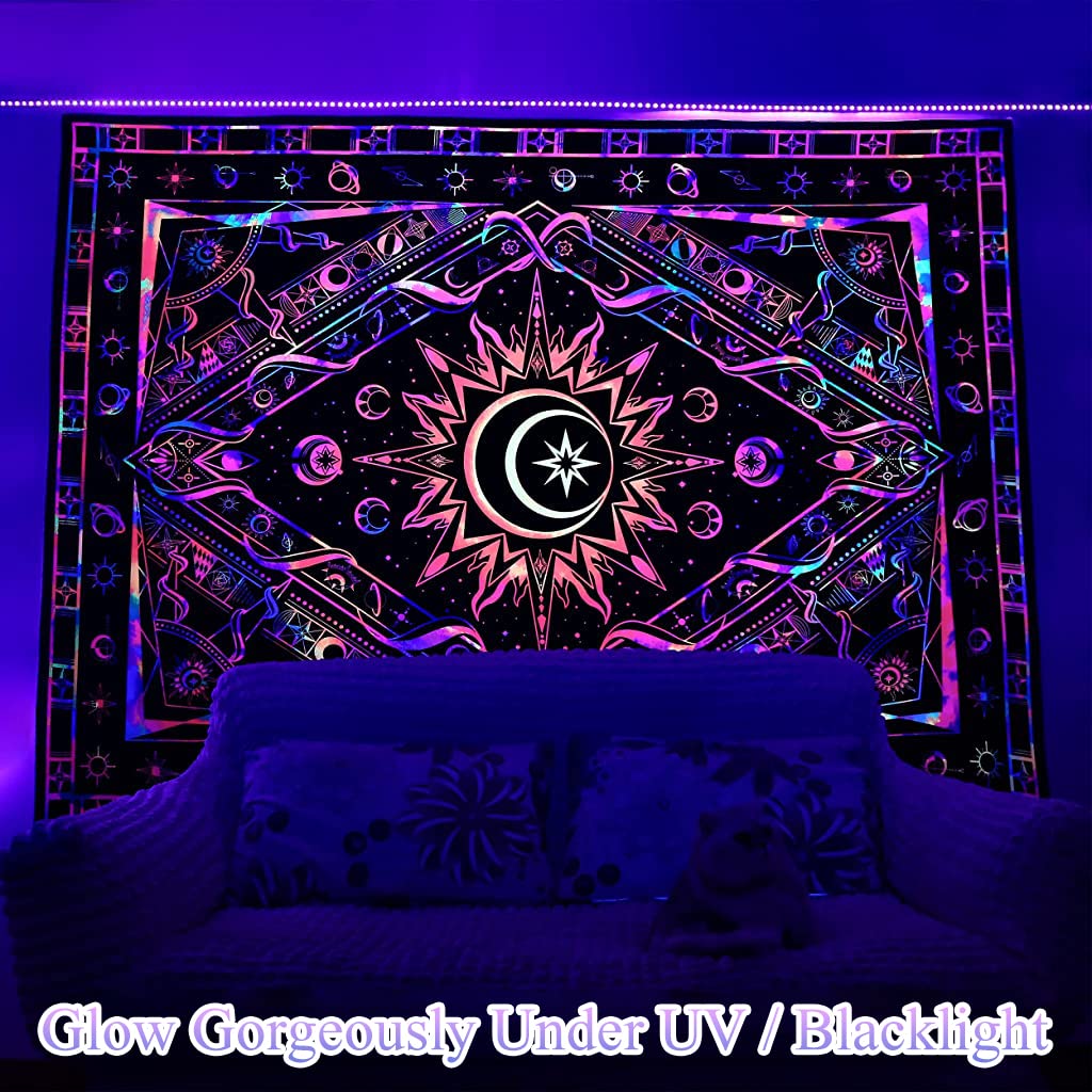 Blacklight Tapestry UV Reactive Tapestry Glow in The Dark, Sun and Moon Tapestry, Aesthetic Tapestry Wall Hanging Tapestry Fluorescence Tapestry Night Glow Tapestries (51.2 in x 59.1 in)