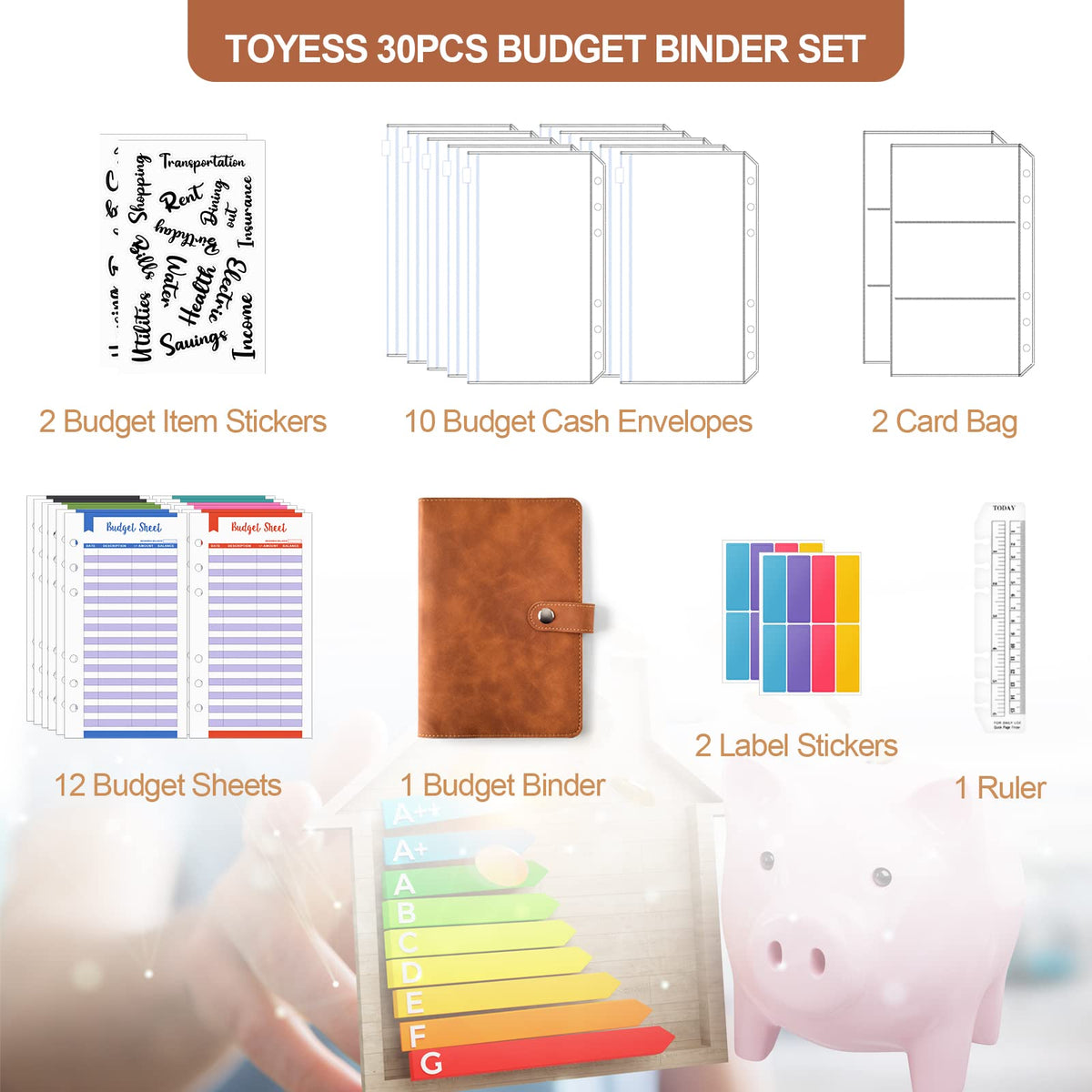 HASTHIP File Folders for Documents with 12 Envelopes and 6 Ring Binder | A6 PU Leather Notebook Set