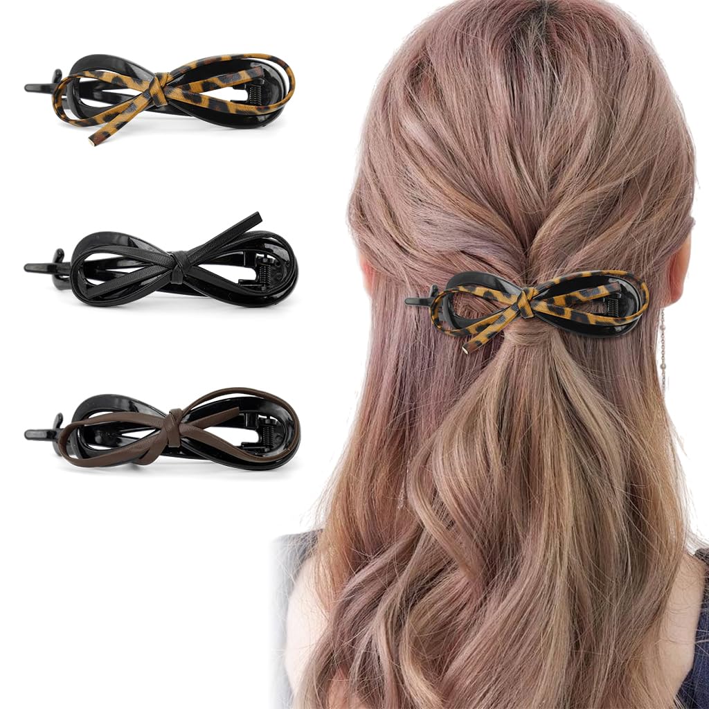 HASTHIP® Clips de Lazo para el Pelo Mujer Niña 3 Piezas - Estilo Francés de Cuero,Pinza Pato Antideslizante,Sujeción Fuerte Accesorios Cabello Elegantes para Coletas y Moños