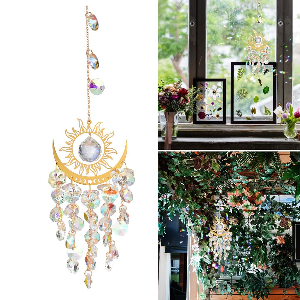 HASTHIP® Crystal Wind Chimes 14.96 Inches Hanging Garden Wind Chimes Color Crystal Shining Wind Chime Golden Sun Crescent Decorative Wind Chimes for Balcony, Garden House Warming Gift