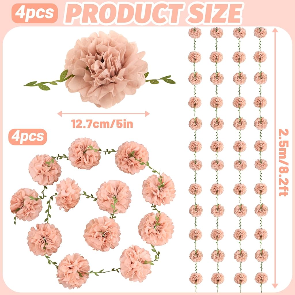 HASTHIP® Pink Paper Flower Garland 2.5 Meters, Tissue Pom Pom Floral Vine Decoration with Green Leaves, Romantic Boho Party Decor for Wedding, Baby Shower, Birthday