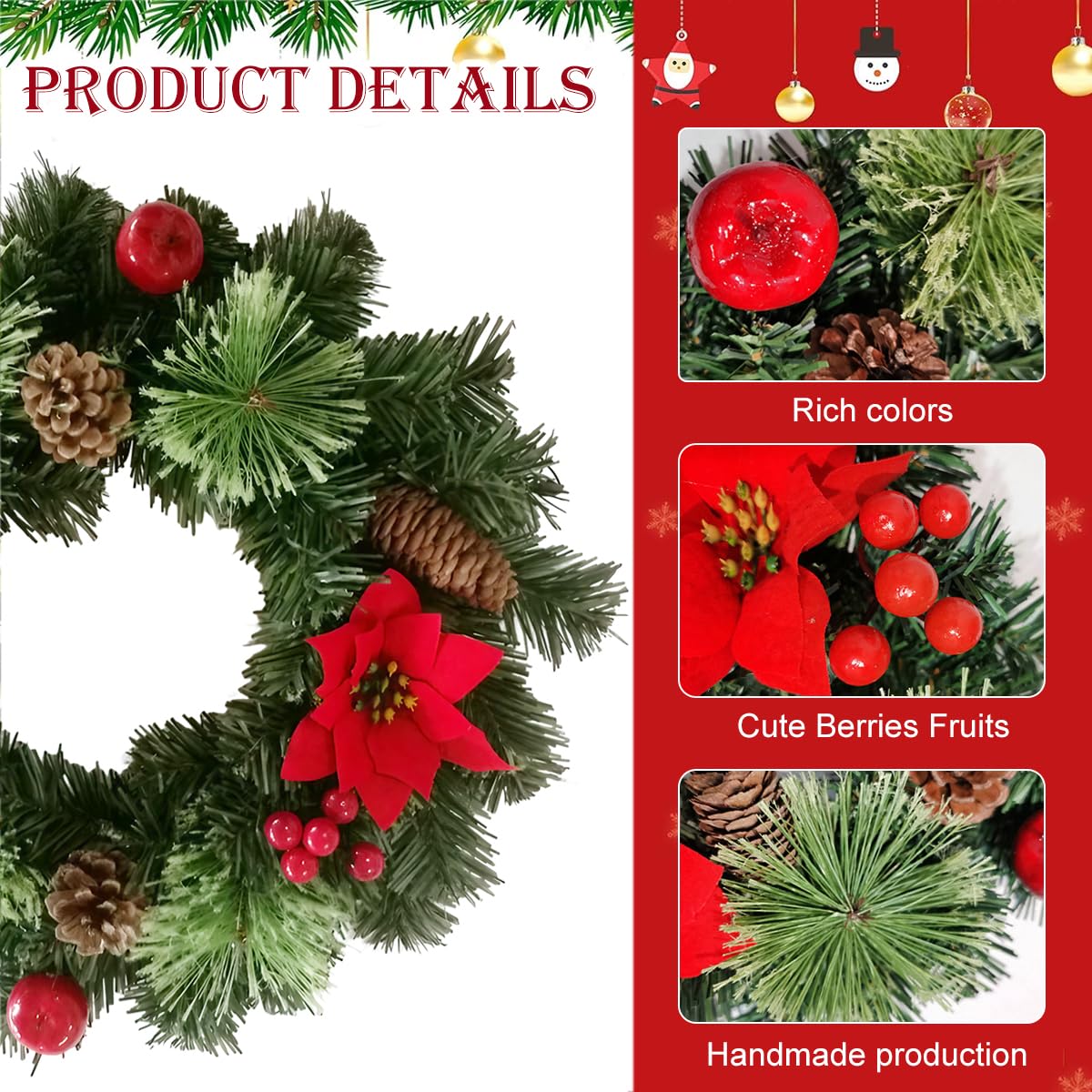 HASTHIP® 15.74 Inches Red Poinsettia Christmas Wreaths Decorative Door Hanging Ornament for Christmas Realistic Poinsettia Red Holly Pinecone Wreaths for Home Decor Wall Decor Christmas Tree Decor