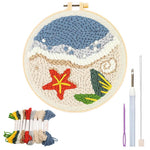 HASTHIP® Kit de Bordado de Aguja Mágica DIY 20x20CM,Kit Arte Tufting Playa Verano Completo,Juego Bordado para Principiantes con Agujas Aro Hilos y Patrón Manualidades para