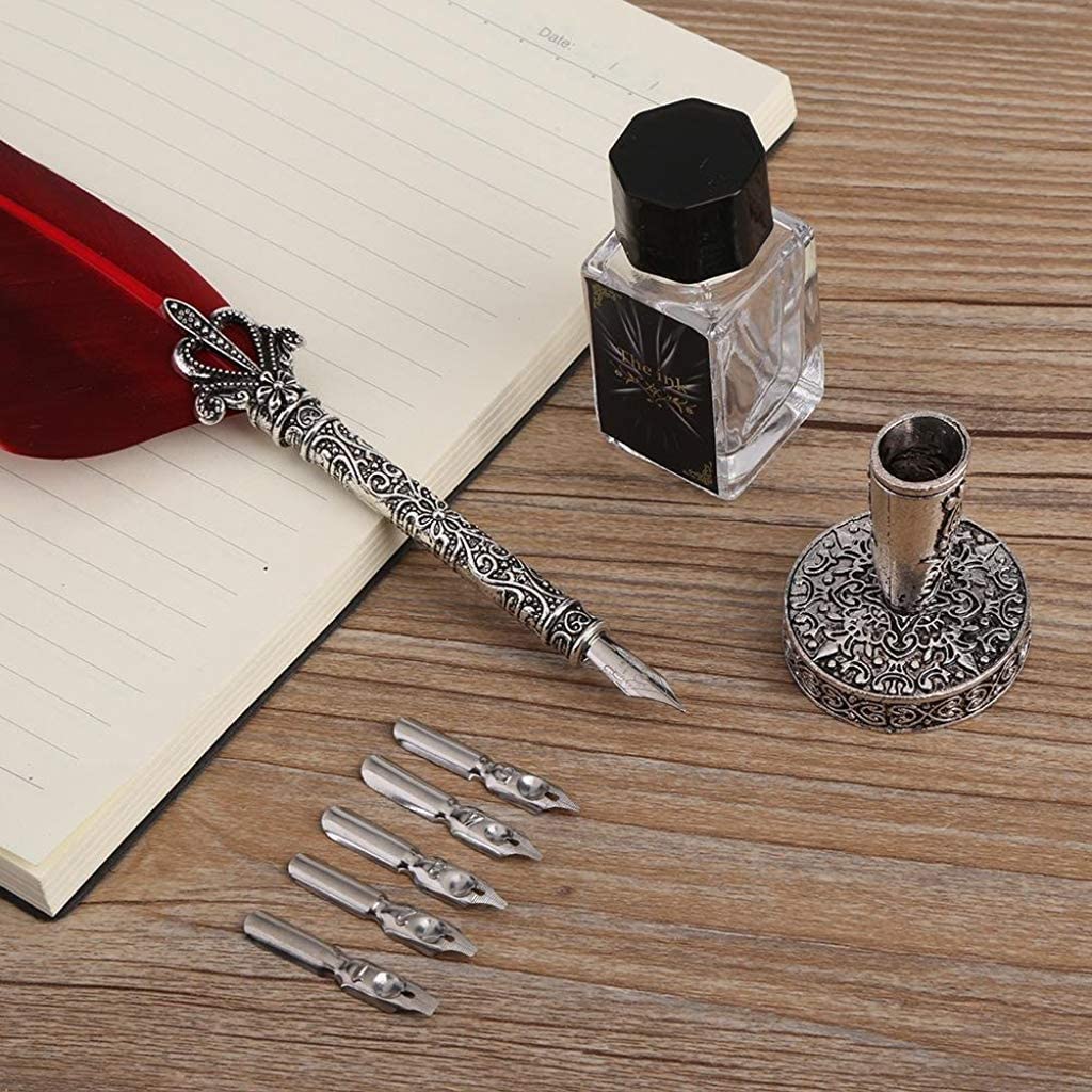 HASTHIP English Calligraphy Feather Dip Quill Pen Set with 5 Nibs and 15ml Ink | Red Gift Box