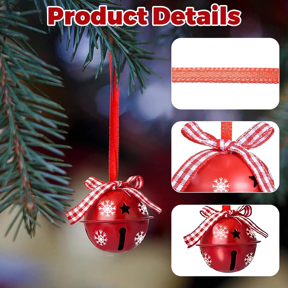 HASTHIP Christmas Bell Ornaments for Tree Decorating with 12 Metal Bells and Checkered Ribbons | Green Red White Holiday Décor