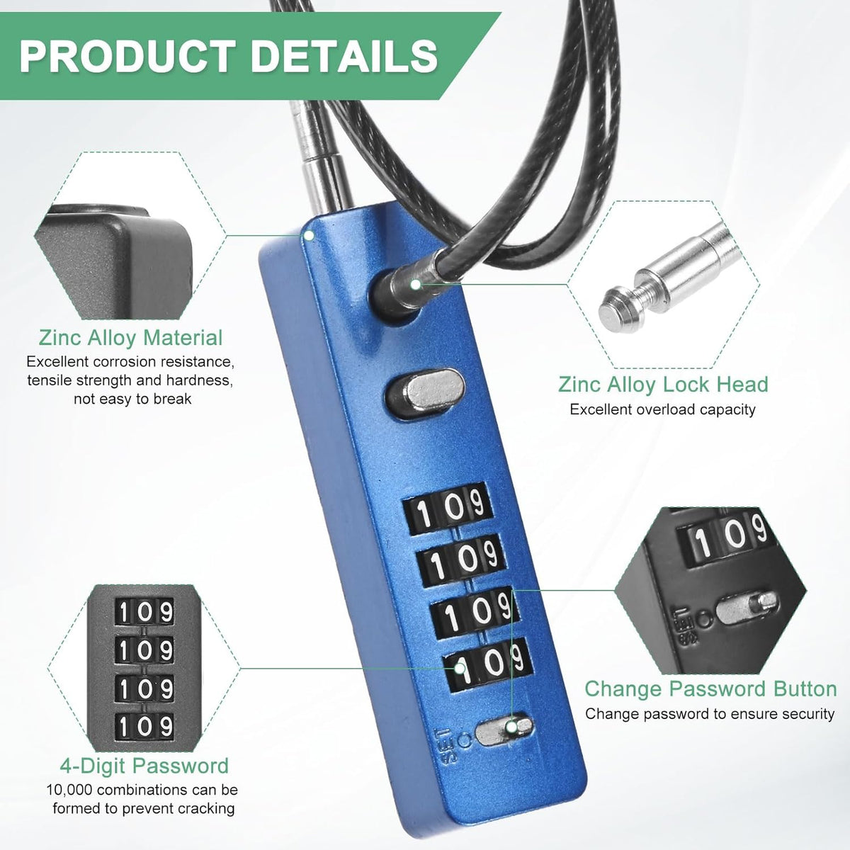 HASTHIP® Password Cable Lock Zinc Alloy Housing Wire Lock 4-Digit Combination Lock, Heavy Duty Steel Wire Design, Combination Lock for Cabinets, Bike Wheel, Lockers, Luggage Security