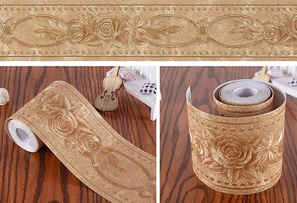 HASTHIP Peel and Stick Wall Border for Bathroom and Kitchen with 4 in x 16.4 ft PVC Trim | Removable Gold Floral Waterproof Design