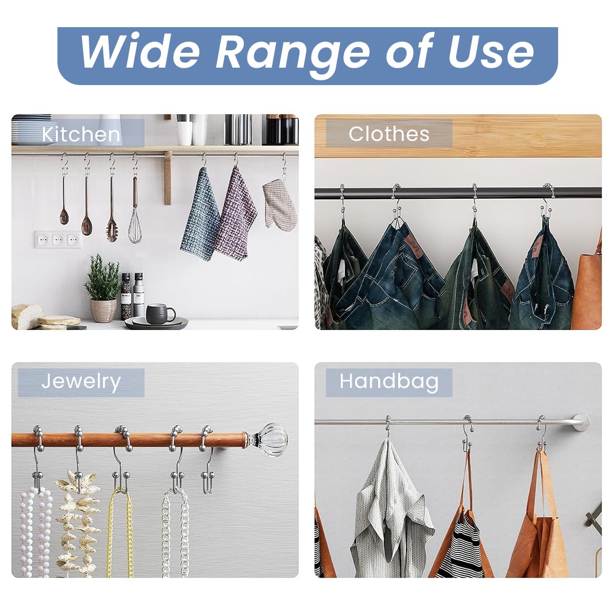 HASTHIP Shower Curtain Hooks for Bathroom Rods with Dual Side Design and 12 Metal Rings (Nickel)