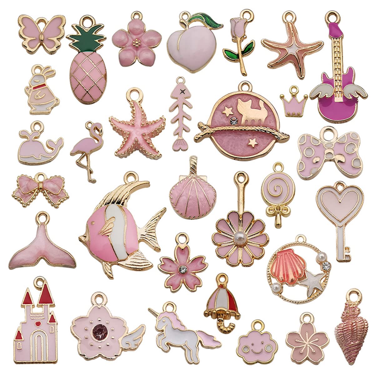 HASTHIP® Palay 31Pcs Diy Jewelry Making Pendent Kit Assorted Lovely Enamel Charms Pendents Gold Plated Diy Charm Necklace Bracelets Pendent Kit For Bracelet Jewelry Making And Crafting, Pink