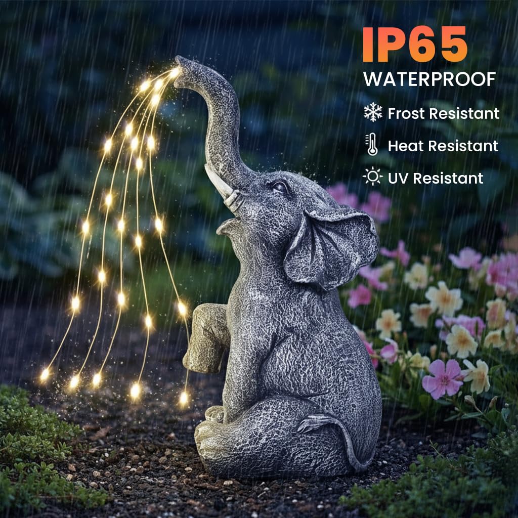 HASTHIP Elephant Resin Statue for Garden and Home Decor with Solar Starry Light 4.5x5.3x10.6 in