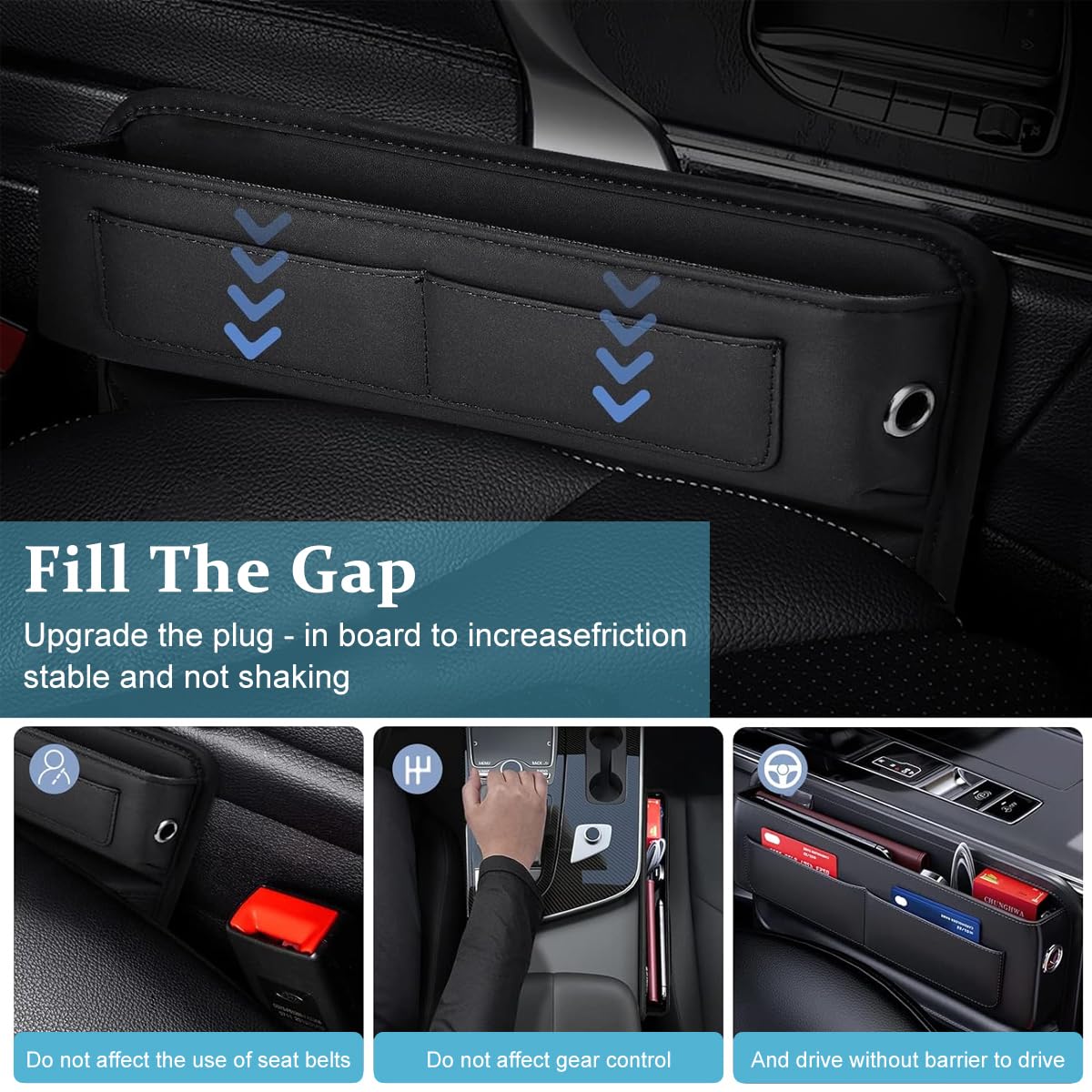 HASTHIP® Organizador de Coche Asiento Frontal de Cuero PU, Accesorio Interior para Consola, Bolsillo Lateral entre Asiento y Consola para Teléfonos, Gafas, Llaves y Tarjetas, Negro
