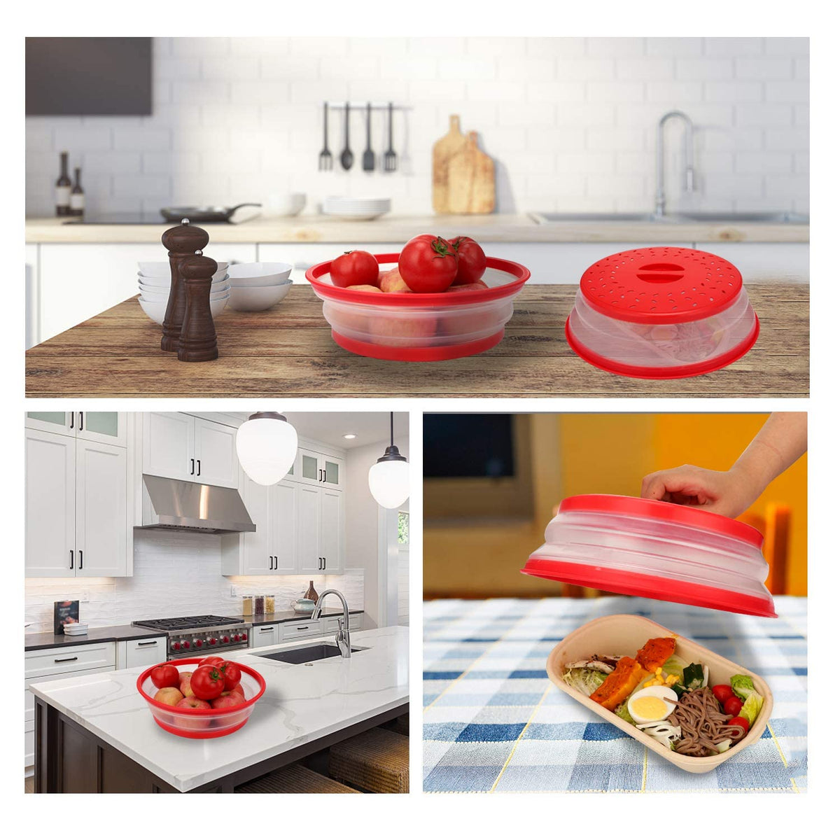 10.5 inch Microwave Plate Cover, Collapsible Food Plate Lid with Top Steam Vent and Gripper, Strainer for Fruit, Microwave Lid Food Splatter Cover, BPA Free, Microwave Safe Material (Red)