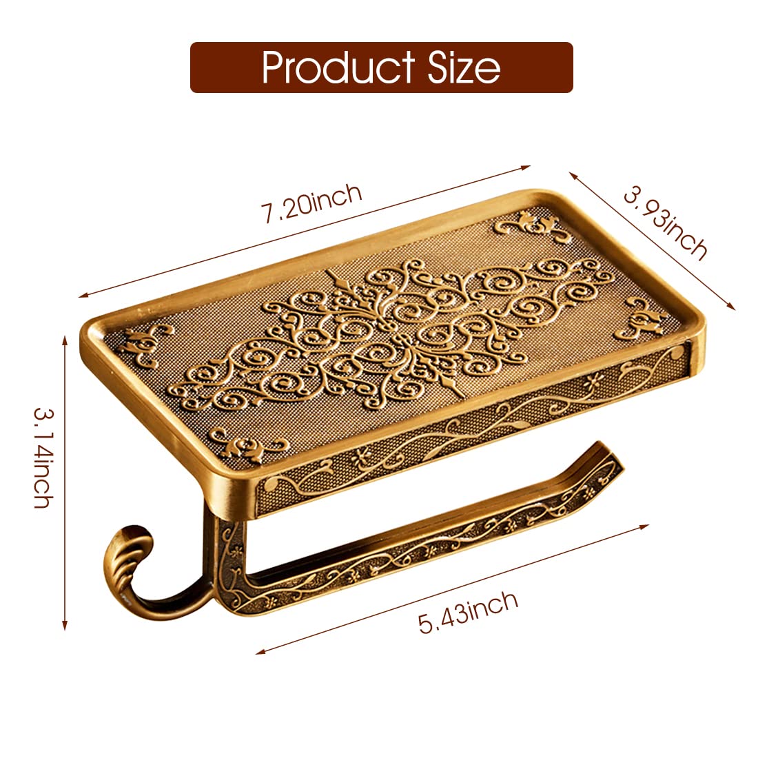 HASTHIP Toilet Paper Roll Holder for Bathroom with 7.29×3.94×3.75in Phone Shelf | Anti Rust Aluminum 3D Carving Design